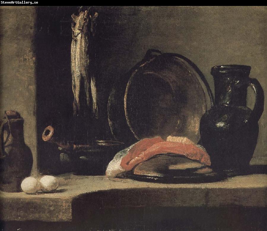 Jean Baptiste Simeon Chardin Watering can two egg earthenware cooking pot three yellow eye monkshood fish copper clepsydra fish fillet and jar